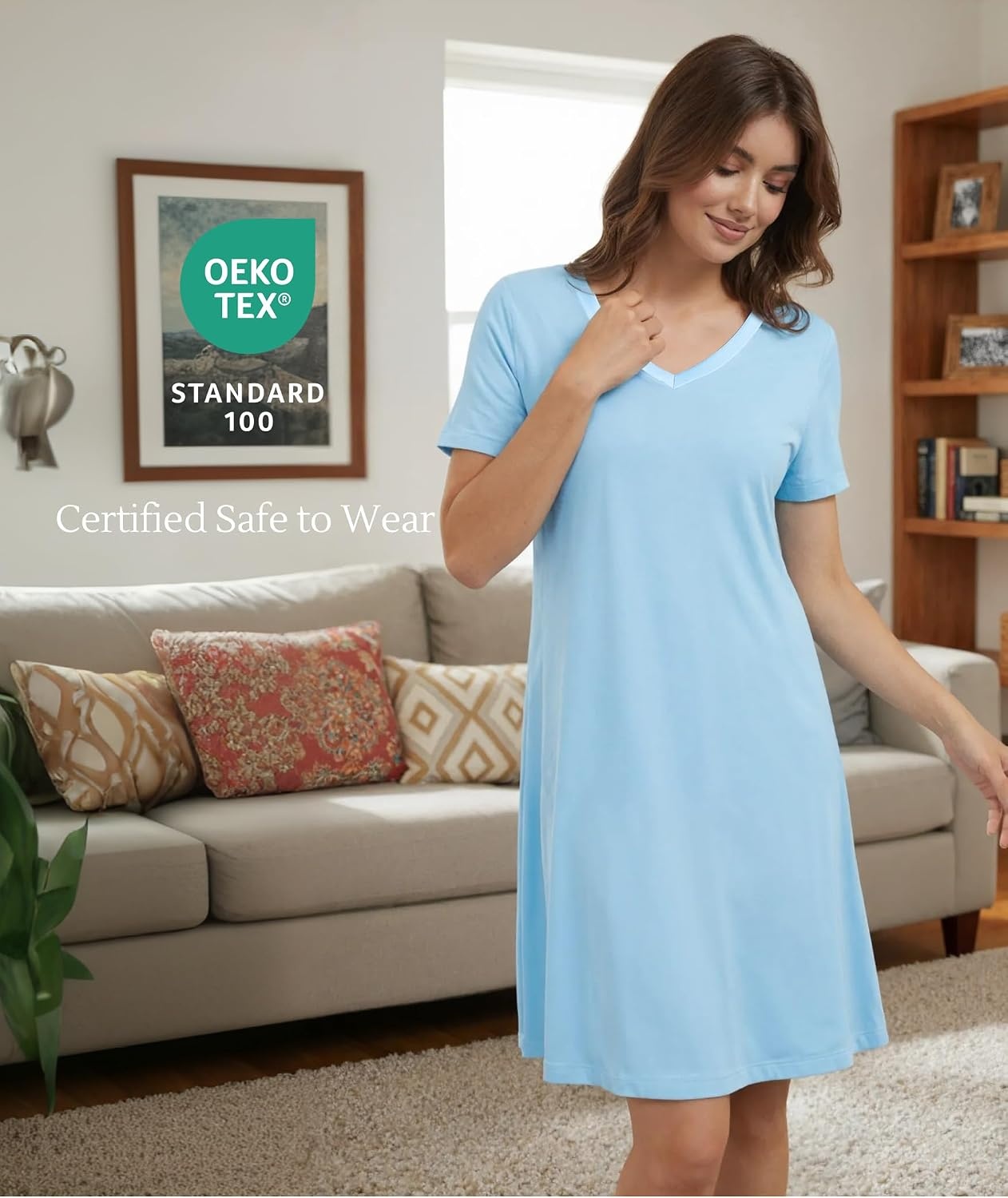 image:imageGYS Cooling Bamboo Viscose Nightgowns for Women MoistureWicking Sleep Dress for Hot Sleepers Night Sweats Soft Short Sleeve Sleepshirts with Satin VNeckPale Blue