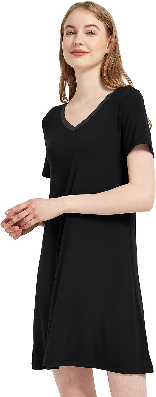 image:imageGYS Cooling Bamboo Viscose Nightgowns for Women MoistureWicking Sleep Dress for Hot Sleepers Night Sweats Soft Short Sleeve Sleepshirts with Satin VNeckBlack