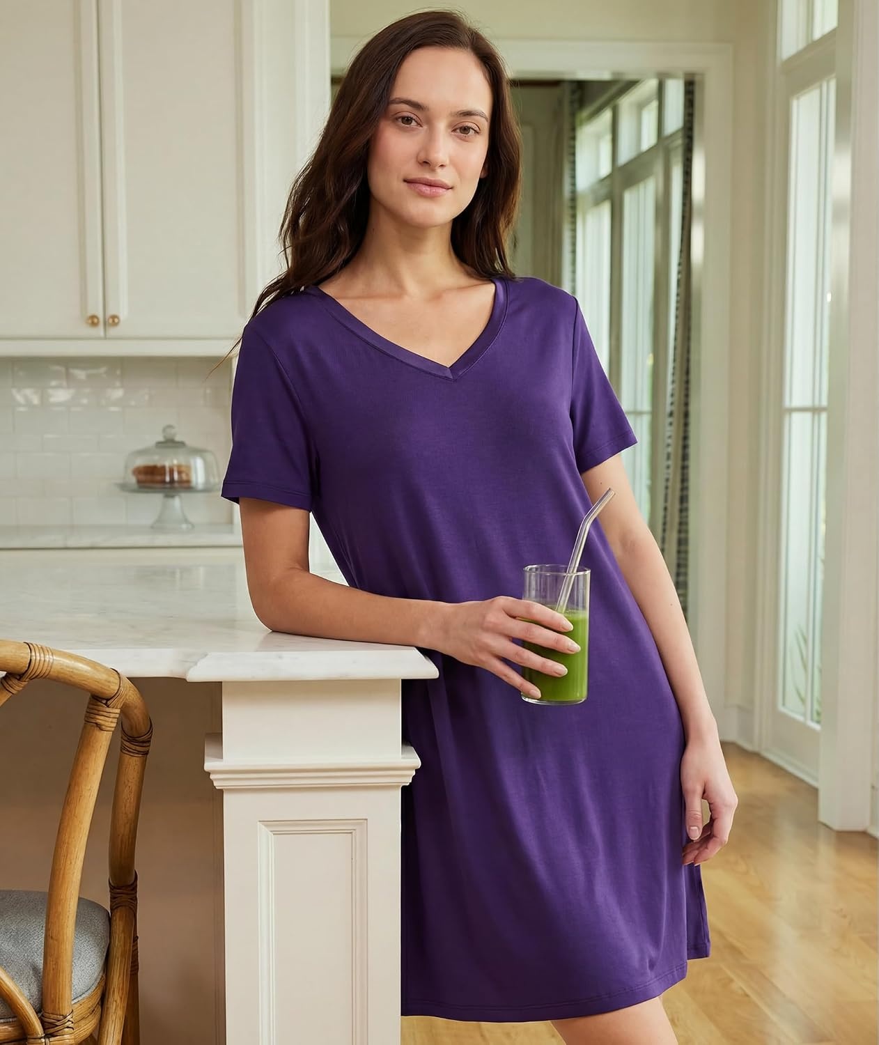 image:imageGYS Cooling Bamboo Viscose Nightgowns for Women MoistureWicking Sleep Dress for Hot Sleepers Night Sweats Soft Short Sleeve Sleepshirts with Satin VNeckPurple