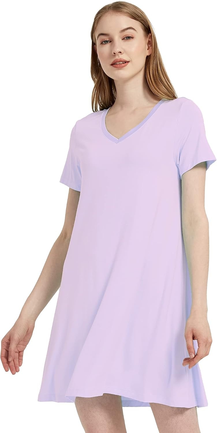 image:imageGYS Cooling Bamboo Viscose Nightgowns for Women MoistureWicking Sleep Dress for Hot Sleepers Night Sweats Soft Short Sleeve Sleepshirts with Satin VNeckTaro Purple