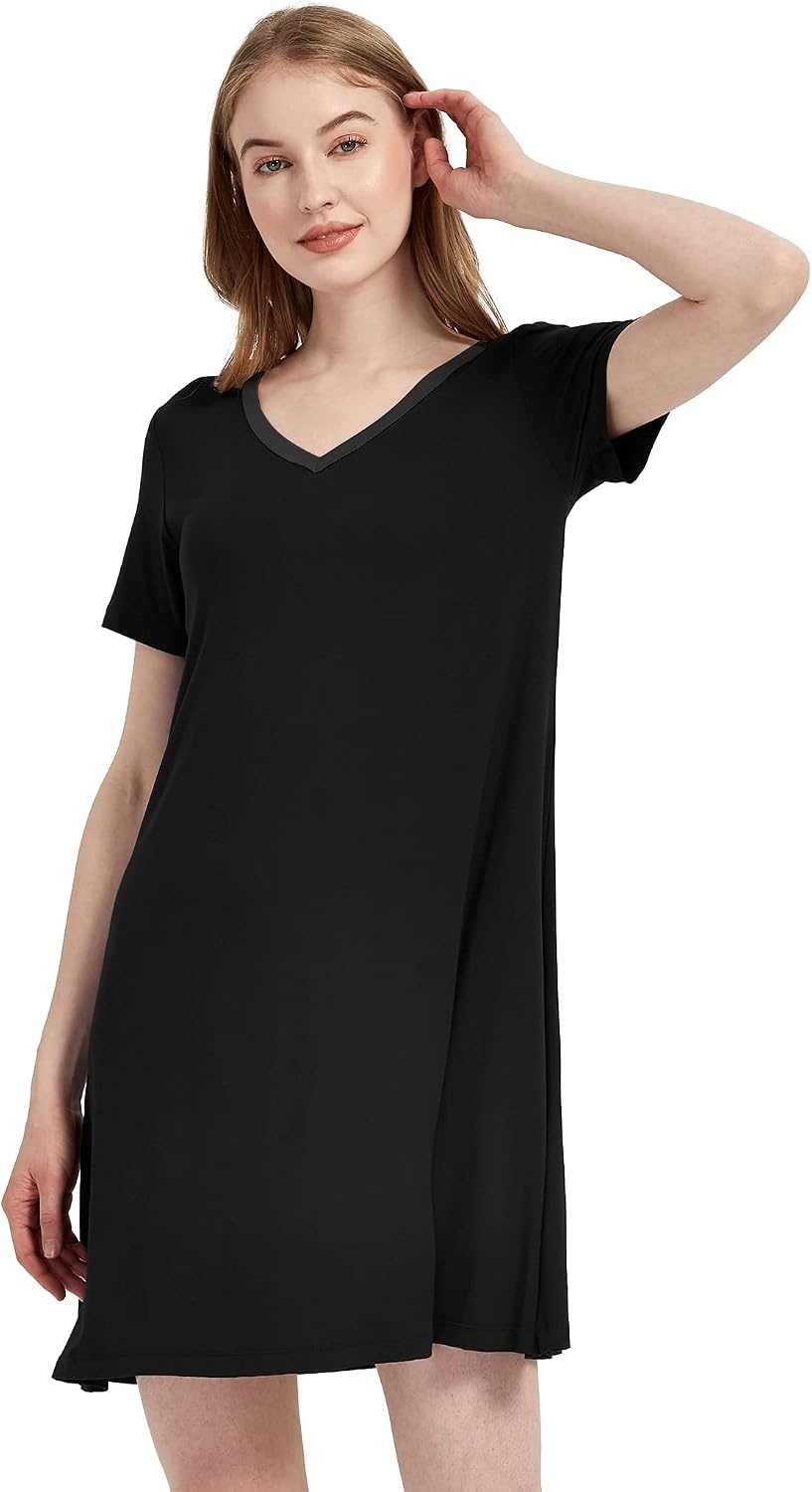 image:imageGYS Cooling Bamboo Viscose Nightgowns for Women MoistureWicking Sleep Dress for Hot Sleepers Night Sweats Soft Short Sleeve Sleepshirts with Satin VNeckBlack
