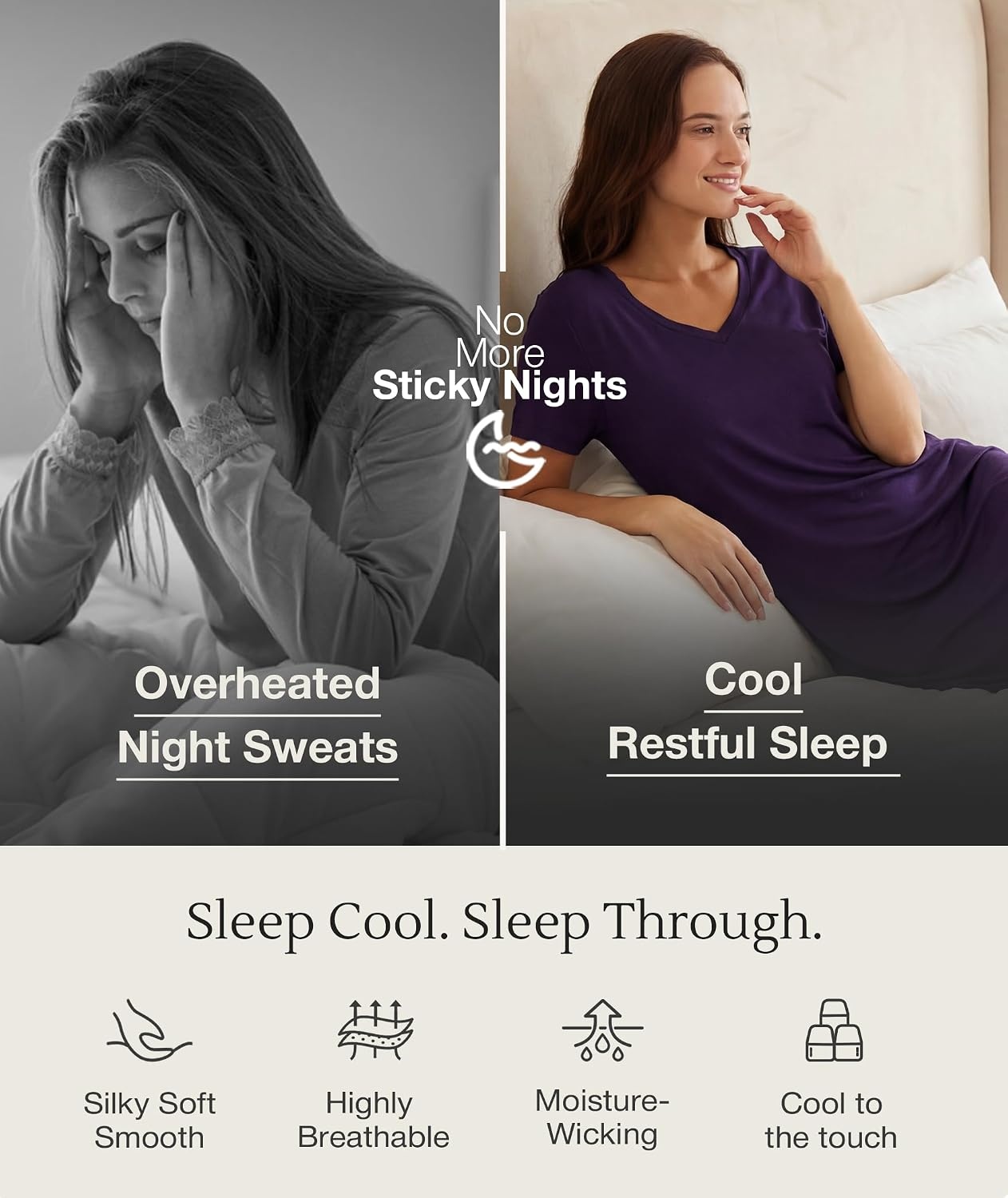 image:imageGYS Cooling Bamboo Viscose Nightgowns for Women MoistureWicking Sleep Dress for Hot Sleepers Night Sweats Soft Short Sleeve Sleepshirts with Satin VNeckPurple