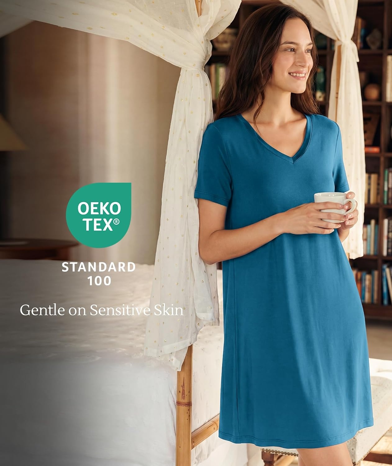 image:imageGYS Cooling Bamboo Viscose Nightgowns for Women MoistureWicking Sleep Dress for Hot Sleepers Night Sweats Soft Short Sleeve Sleepshirts with Satin VNeckTeal Blue