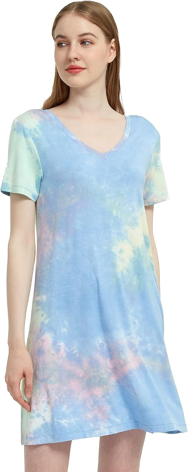 image:imageGYS Cooling Bamboo Viscose Nightgowns for Women MoistureWicking Sleep Dress for Hot Sleepers Night Sweats Soft Short Sleeve Sleepshirts with Satin VNeckTiedye Blue