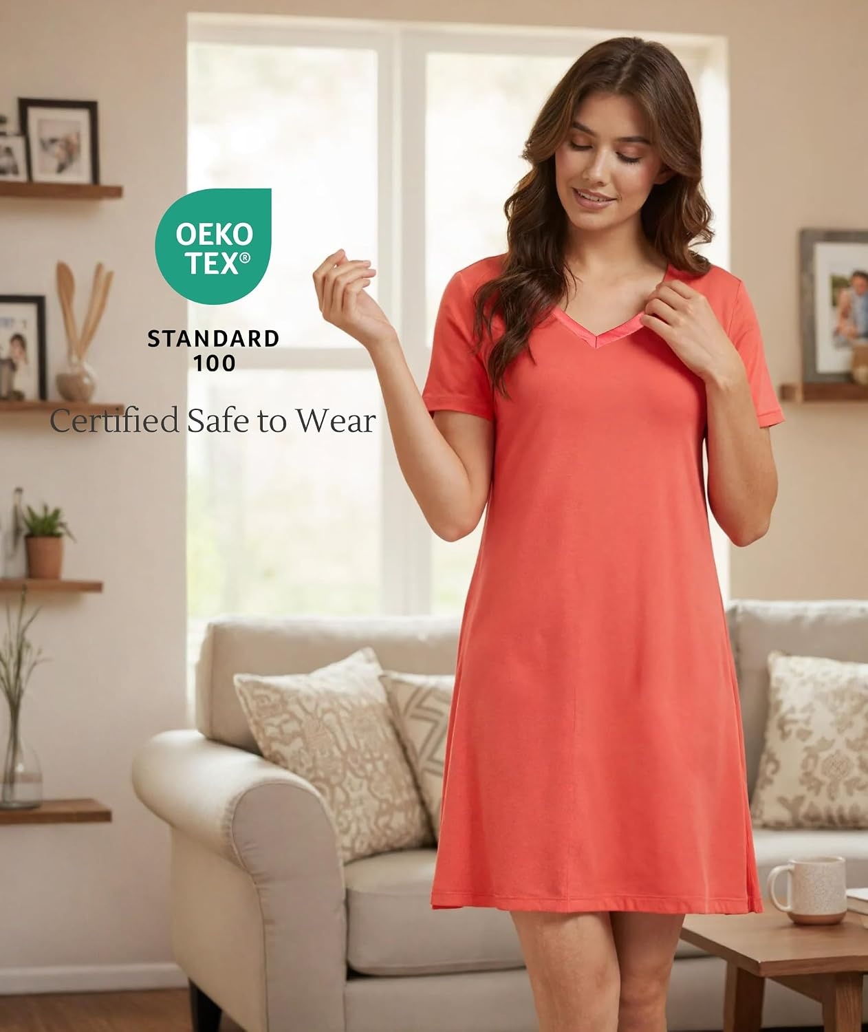 image:imageGYS Cooling Bamboo Viscose Nightgowns for Women MoistureWicking Sleep Dress for Hot Sleepers Night Sweats Soft Short Sleeve Sleepshirts with Satin VNeckPeach