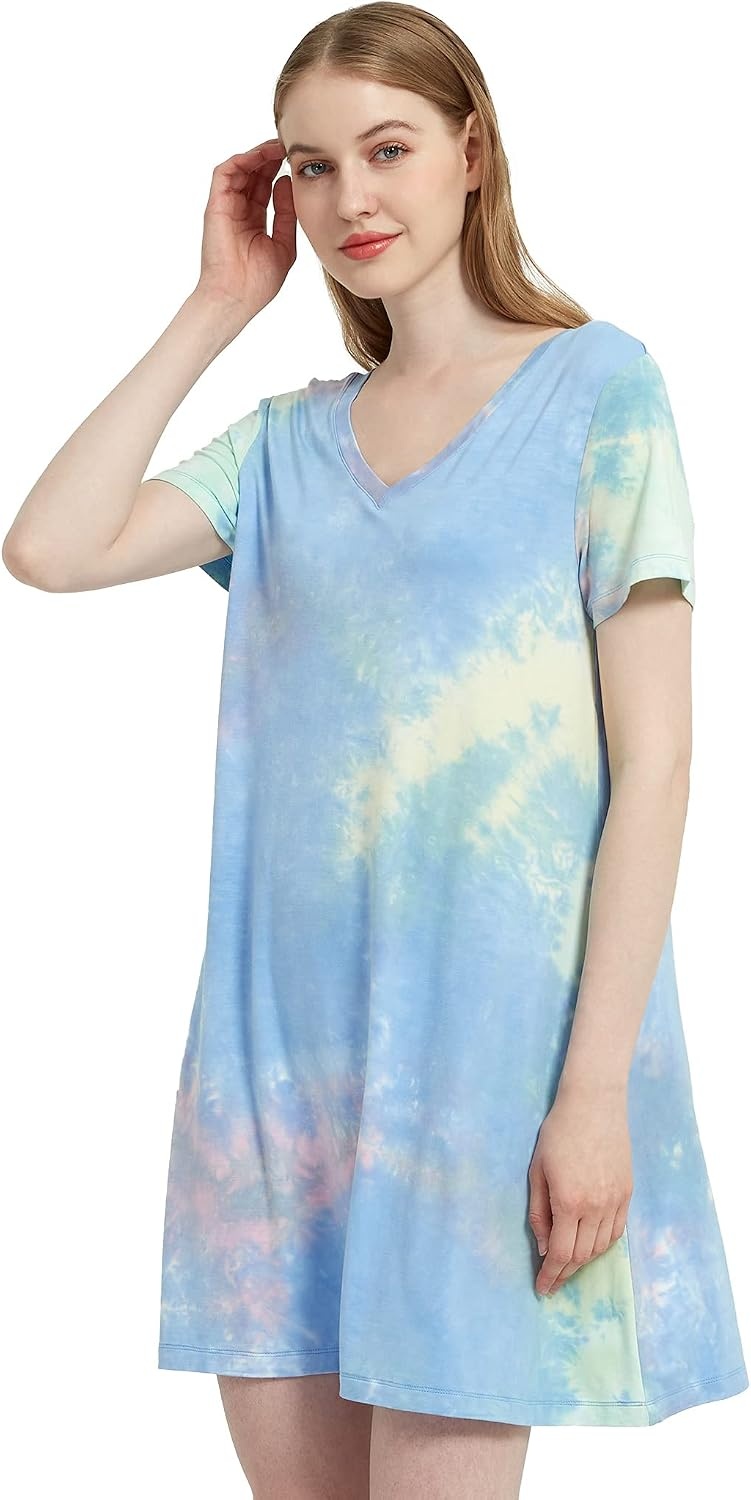 image:imageGYS Cooling Bamboo Viscose Nightgowns for Women MoistureWicking Sleep Dress for Hot Sleepers Night Sweats Soft Short Sleeve Sleepshirts with Satin VNeckTiedye Blue