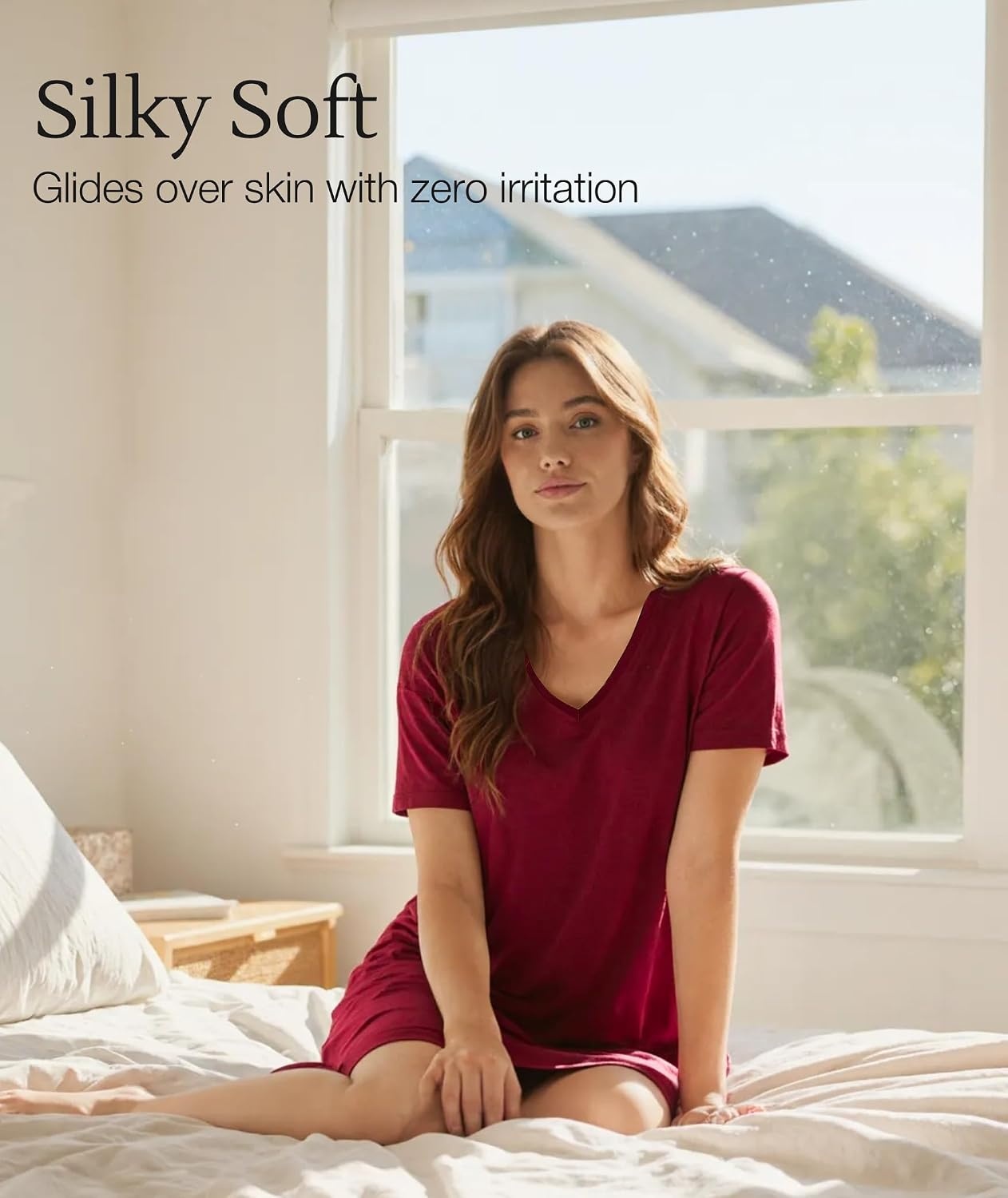 image:imageGYS Cooling Bamboo Viscose Nightgowns for Women MoistureWicking Sleep Dress for Hot Sleepers Night Sweats Soft Short Sleeve Sleepshirts with Satin VNeckWine