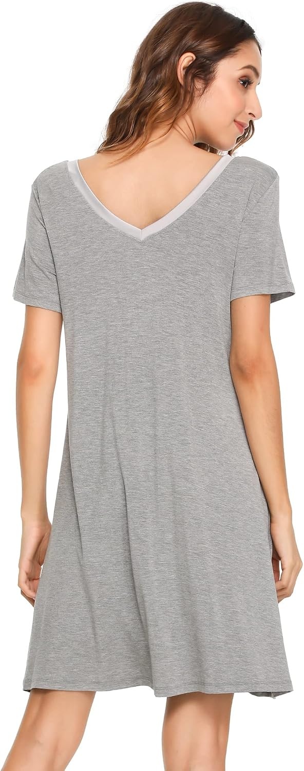 image:imageGYS Cooling Bamboo Viscose Nightgowns for Women MoistureWicking Sleep Dress for Hot Sleepers Night Sweats Soft Short Sleeve Sleepshirts with Satin VNeckHeather Grey