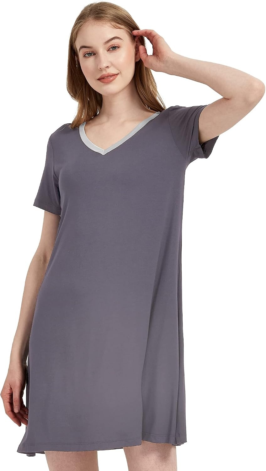 image:imageGYS Cooling Bamboo Viscose Nightgowns for Women MoistureWicking Sleep Dress for Hot Sleepers Night Sweats Soft Short Sleeve Sleepshirts with Satin VNeckDark Grey