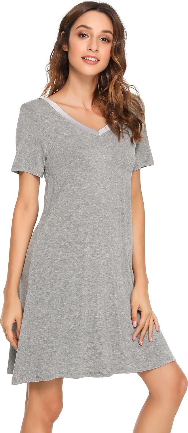 image:imageGYS Cooling Bamboo Viscose Nightgowns for Women MoistureWicking Sleep Dress for Hot Sleepers Night Sweats Soft Short Sleeve Sleepshirts with Satin VNeckHeather Grey
