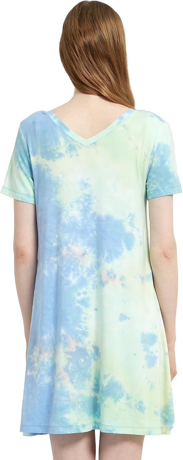 image:imageGYS Cooling Bamboo Viscose Nightgowns for Women MoistureWicking Sleep Dress for Hot Sleepers Night Sweats Soft Short Sleeve Sleepshirts with Satin VNeckTiedye Blue
