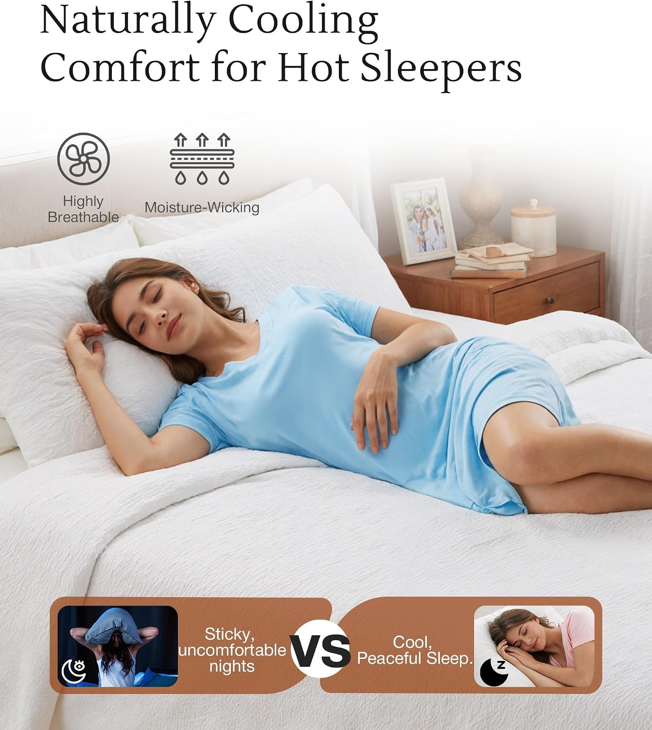 image:imageGYS Cooling Bamboo Viscose Nightgowns for Women MoistureWicking Sleep Dress for Hot Sleepers Night Sweats Soft Short Sleeve Sleepshirts with Satin VNeckPale Blue