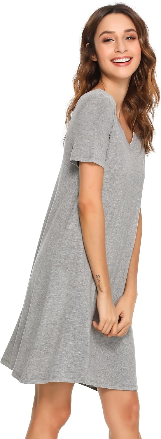 image:imageGYS Cooling Bamboo Viscose Nightgowns for Women MoistureWicking Sleep Dress for Hot Sleepers Night Sweats Soft Short Sleeve Sleepshirts with Satin VNeckHeather Grey