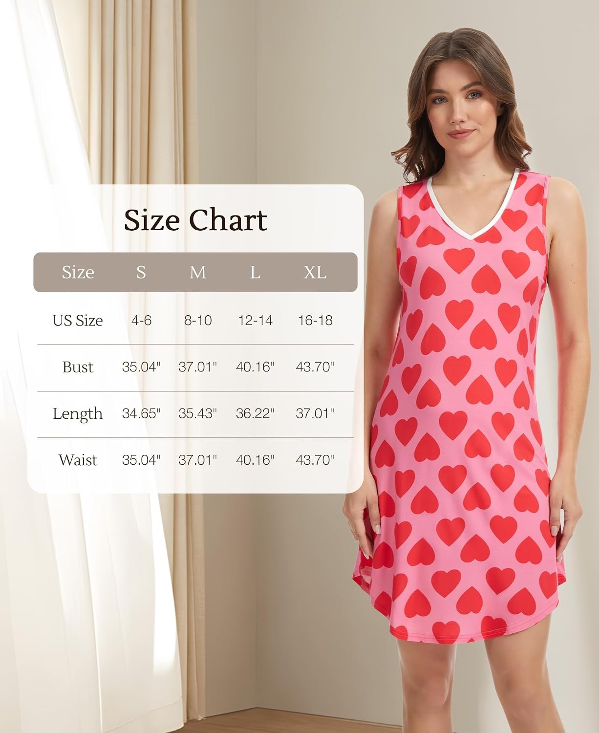 image:imageLazyCozy Bamboo Viscose Nightgowns for Women Soft Night Shirts for Women Sleepwear Summer Sleeveless V Neck Tank PajamaPink Heart