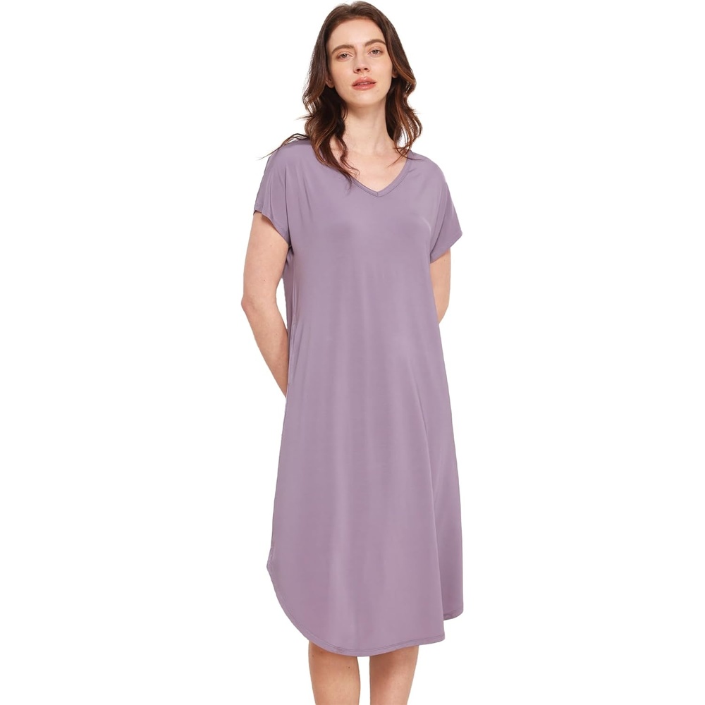 image:imageGYS Cooling Bamboo Viscose Nightgowns for Women MoistureWicking Short Sleeve Sleep Shirt for Hot Sleepers Soft V Neck Night Shirts with Pockets Summer Sleep DressViolet