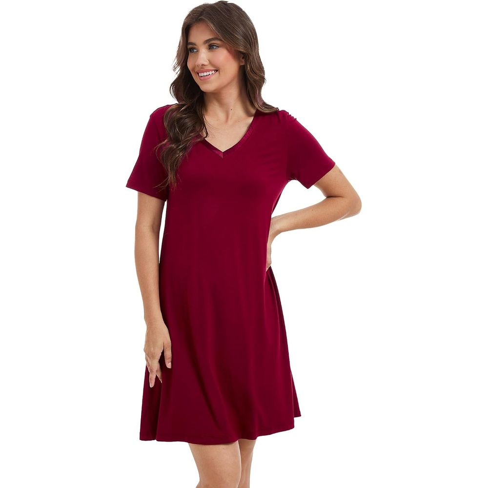 image:imageGYS Cooling Bamboo Viscose Nightgowns for Women MoistureWicking Sleep Dress for Hot Sleepers Night Sweats Soft Short Sleeve Sleepshirts with Satin VNeckWine