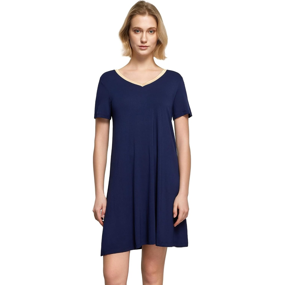 image:imageGYS Cooling Bamboo Viscose Nightgowns for Women MoistureWicking Sleep Dress for Hot Sleepers Night Sweats Soft Short Sleeve Sleepshirts with Satin VNeckNavy