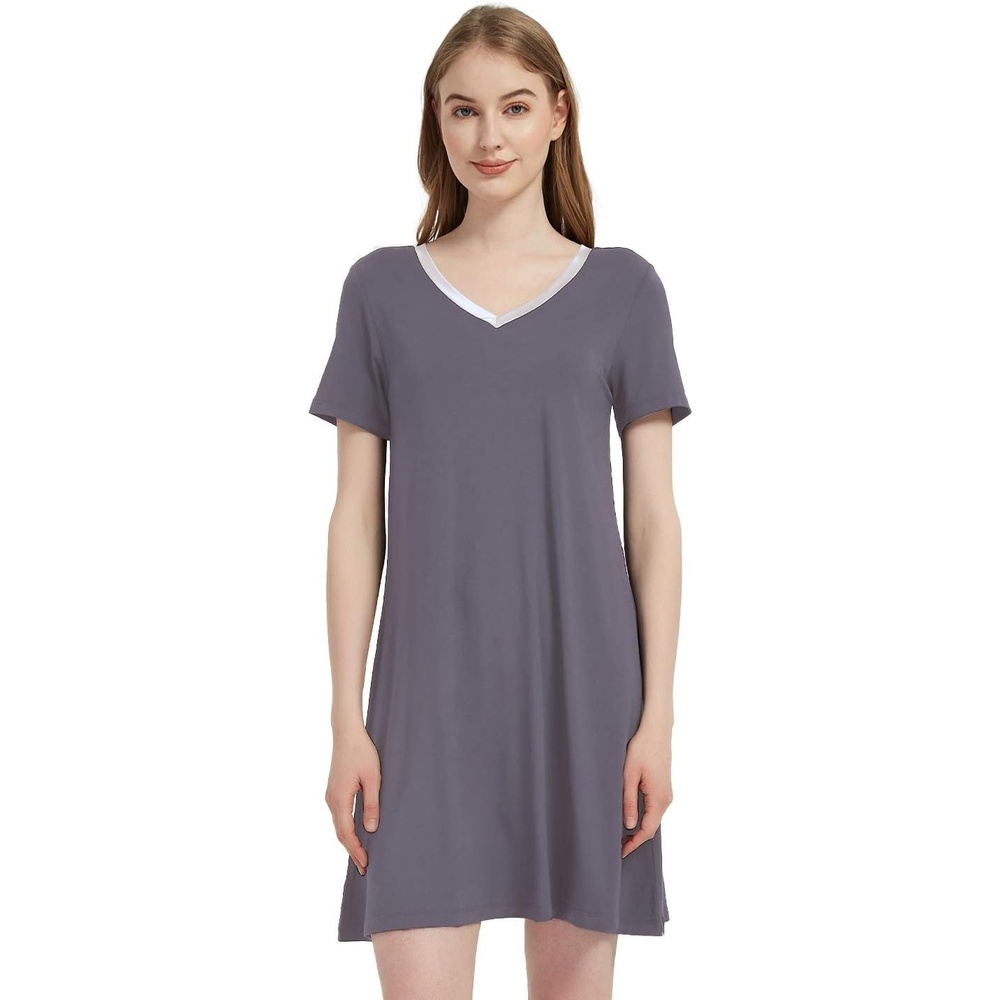 image:imageGYS Cooling Bamboo Viscose Nightgowns for Women MoistureWicking Sleep Dress for Hot Sleepers Night Sweats Soft Short Sleeve Sleepshirts with Satin VNeckDark Grey