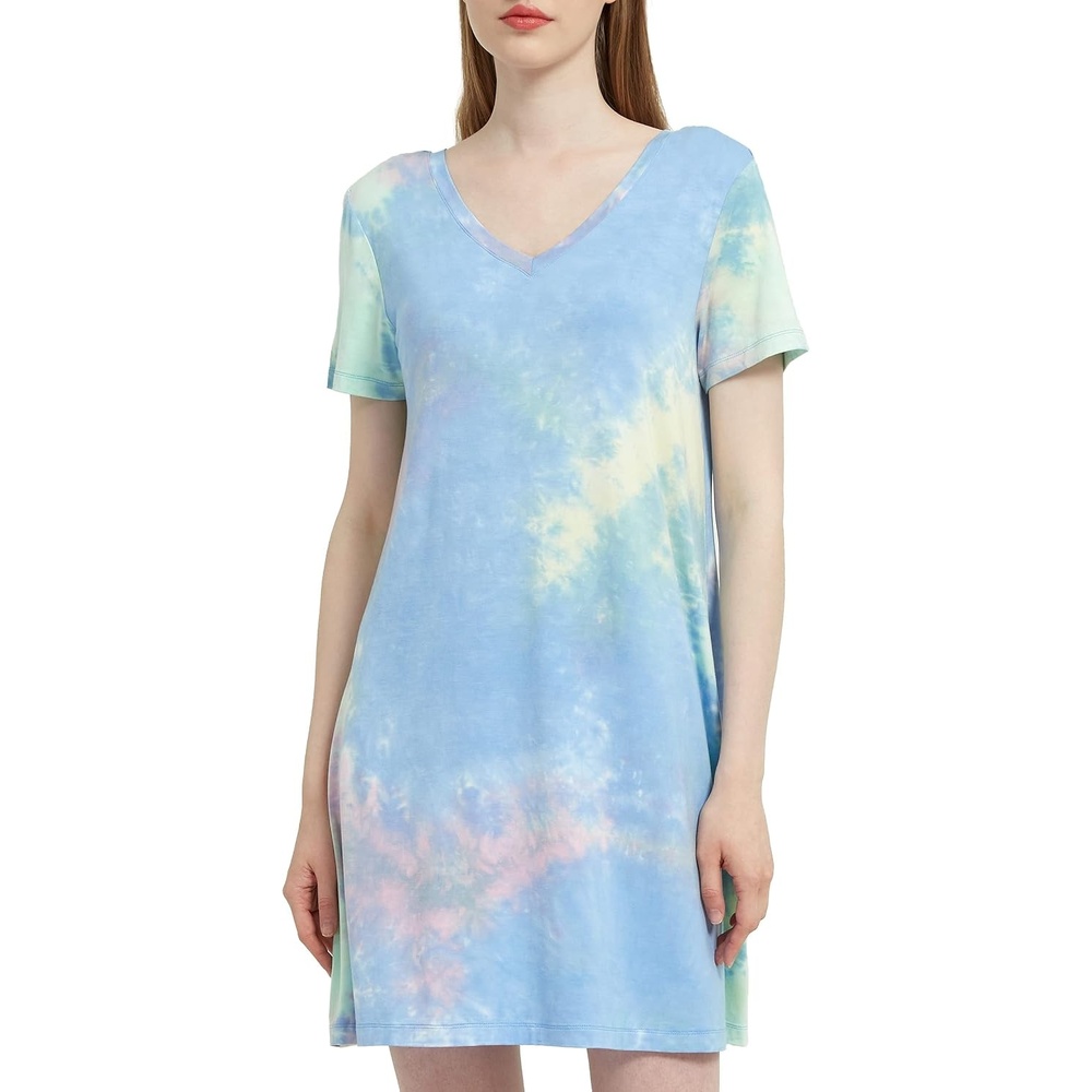image:imageGYS Cooling Bamboo Viscose Nightgowns for Women MoistureWicking Sleep Dress for Hot Sleepers Night Sweats Soft Short Sleeve Sleepshirts with Satin VNeckTiedye Blue