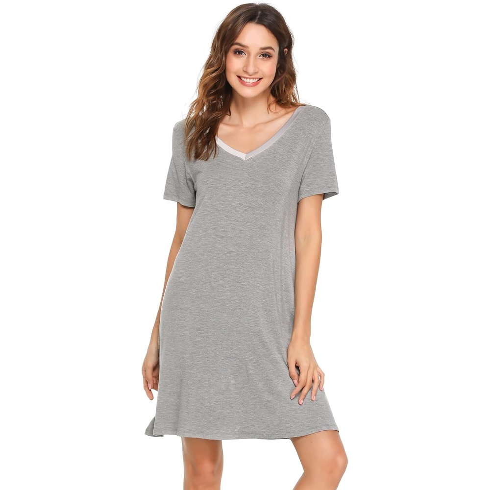 image:imageGYS Cooling Bamboo Viscose Nightgowns for Women MoistureWicking Sleep Dress for Hot Sleepers Night Sweats Soft Short Sleeve Sleepshirts with Satin VNeckHeather Grey