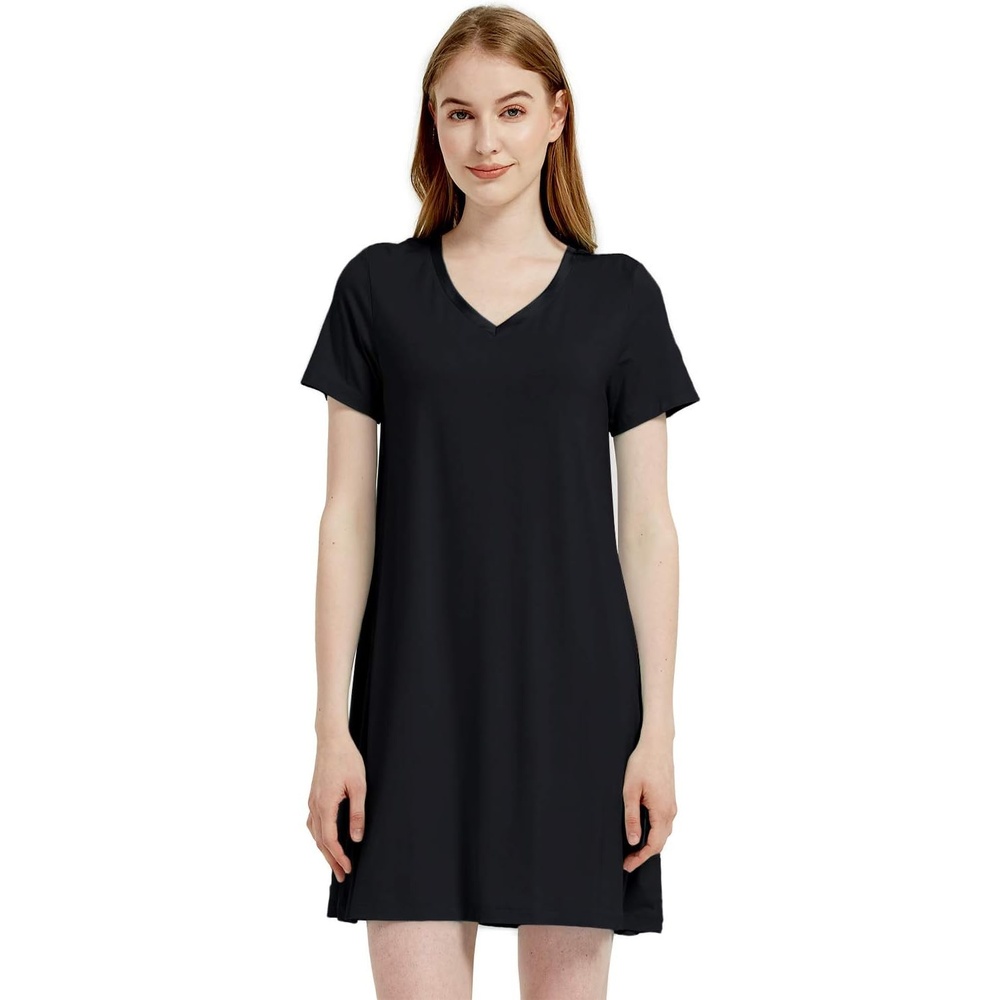 image:imageGYS Cooling Bamboo Viscose Nightgowns for Women MoistureWicking Sleep Dress for Hot Sleepers Night Sweats Soft Short Sleeve Sleepshirts with Satin VNeckBlack
