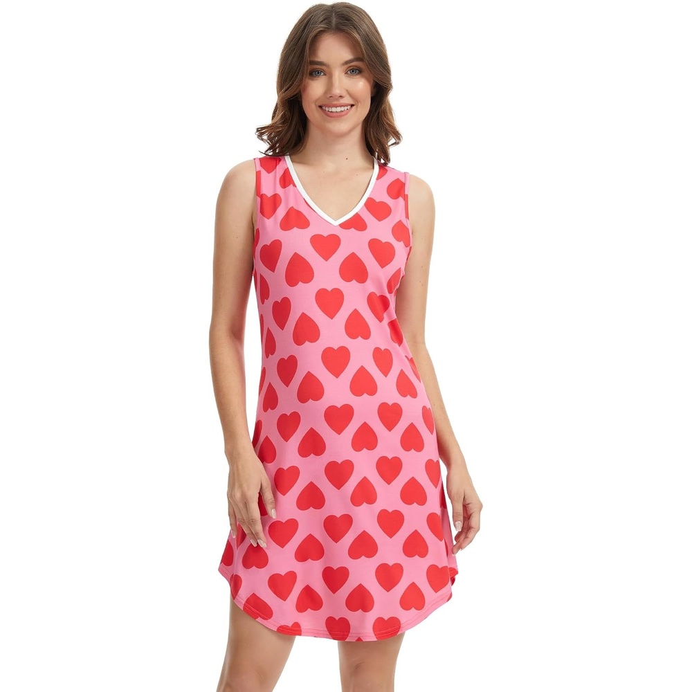 image:imageLazyCozy Bamboo Viscose Nightgowns for Women Soft Night Shirts for Women Sleepwear Summer Sleeveless V Neck Tank PajamaPink Heart