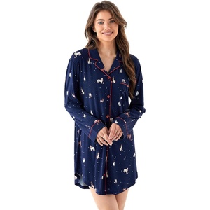 GYS Bamboo Viscose Long Sleeve Nightgowns for Women | Soft Button Down Sleepshirt, Notch Collar Sleep Dress, Moisture-Wicking Sleepwear for Hot Sleepers(Navy Christmas Puppy)
