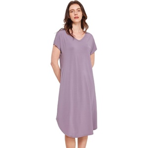 GYS Cooling Bamboo Viscose Nightgowns for Women | Moisture-Wicking Short Sleeve Sleep Shirt for Hot Sleepers, Soft V Neck Night Shirts with Pockets, Summer Sleep Dress(Violet)