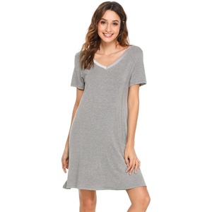GYS Cooling Bamboo Viscose Nightgowns for Women | Moisture-Wicking Sleep Dress for Hot Sleepers Night Sweats, Soft Short Sleeve Sleepshirts with Satin V-Neck(Heather Grey)
