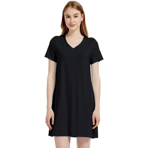 GYS Cooling Bamboo Viscose Nightgowns for Women | Moisture-Wicking Sleep Dress for Hot Sleepers Night Sweats, Soft Short Sleeve Sleepshirts with Satin V-Neck(Black)