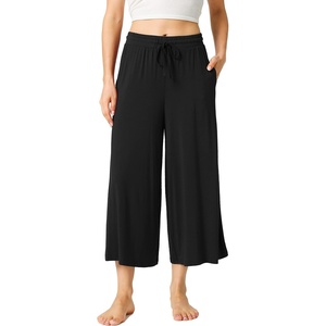 LazyCozy Womens Bamboo Viscose Capri Pajama Pants Wide Leg Casual Palazzo Pants Summer Cooling Flowy PJ Bottoms with Pockets(Black)