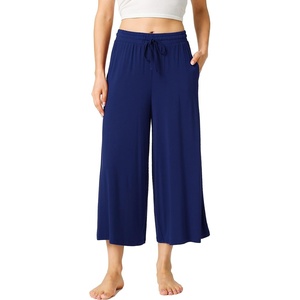 LazyCozy Womens Bamboo Viscose Capri Pajama Pants Wide Leg Casual Palazzo Pants Summer Cooling Flowy PJ Bottoms with Pockets(Deep Blue)