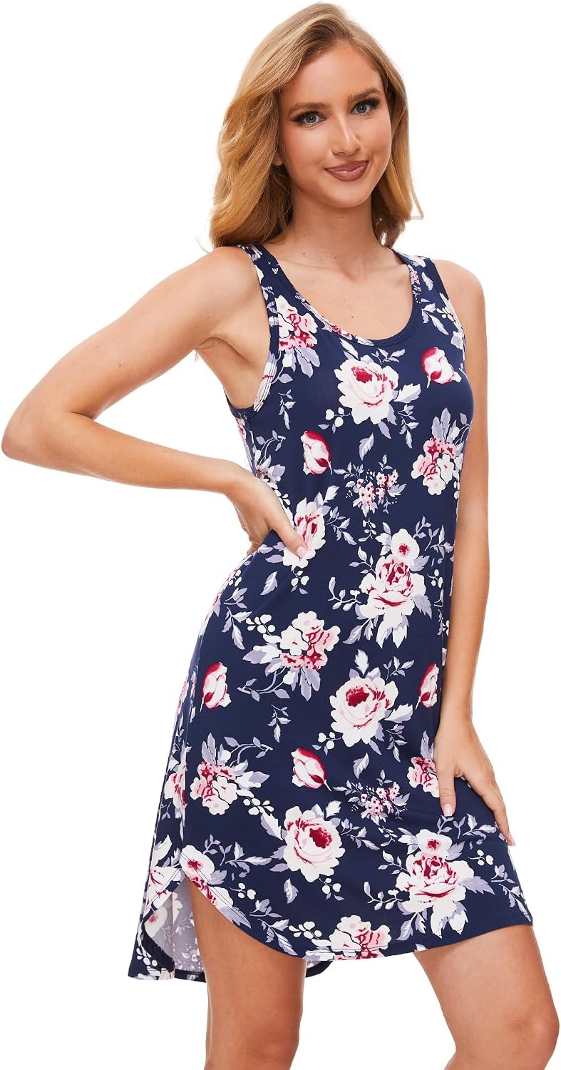 image:imageGYS Bamboo Viscose Sleeveless Nightgowns for Women Navy Peony Large Lightweight Comfy Night Dress Pajamas Summer Cooling Moisture Wicking Sleep Shirt for Hot Sleeper Soft Tank Night Sweats