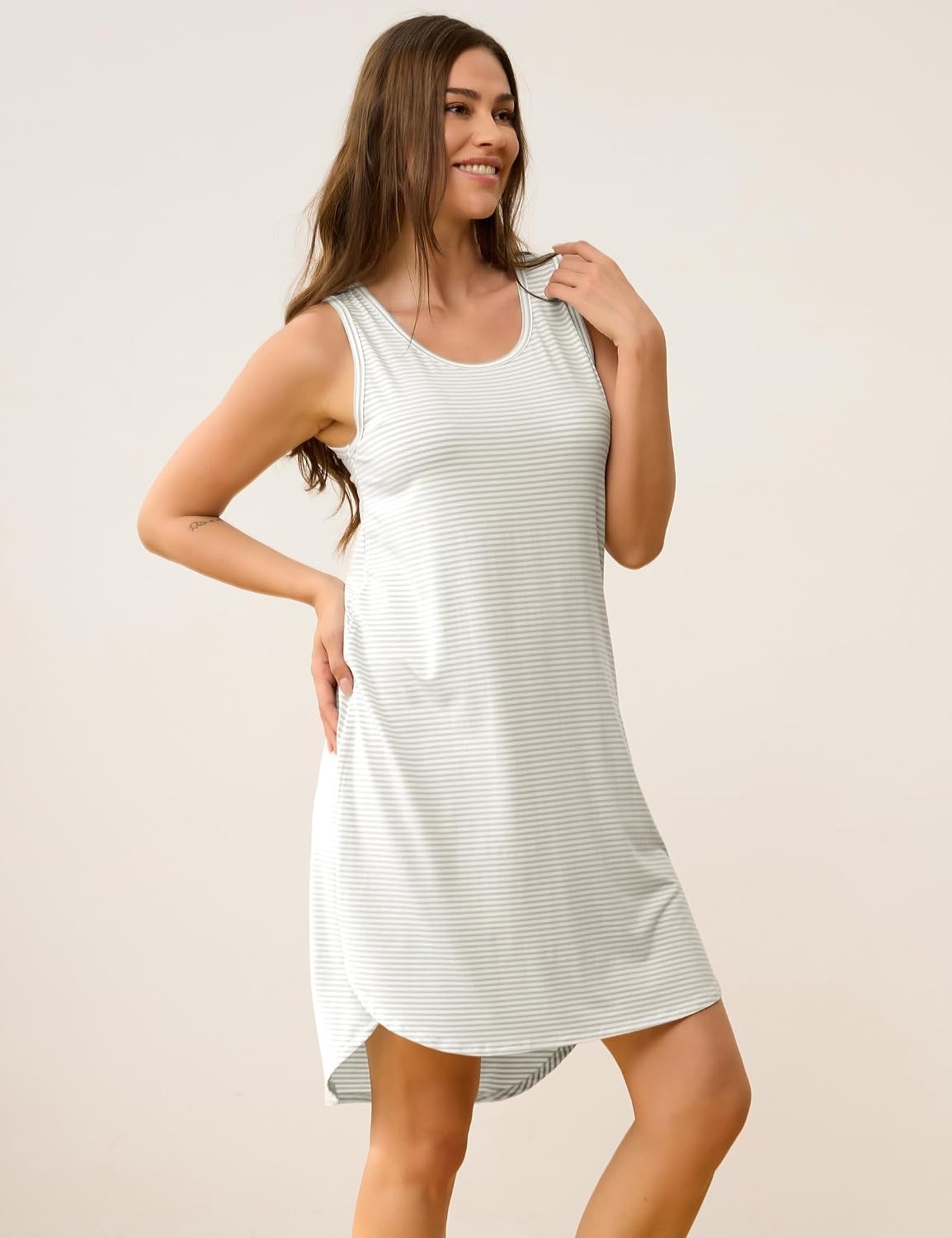 image:imageGYS Womens Bamboo Viscose Nightgowns Grey White Stripe XXLarge Plus Sleeveless Lightweight Comfy Night Dress Pajamas Summer Cooling Moisture Wicking Sleep Shirt for Hot Sleeper Night Sweats