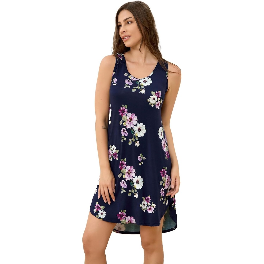 image:imageGYS Womens Bamboo Viscose Tank Nightgowns Navy Floral XXLarge Plus Sleeveless Lightweight Comfy Night Dress Pajamas Summer Cooling Moisture Wicking Sleep Shirt for Hot Sleeper Night Sweats