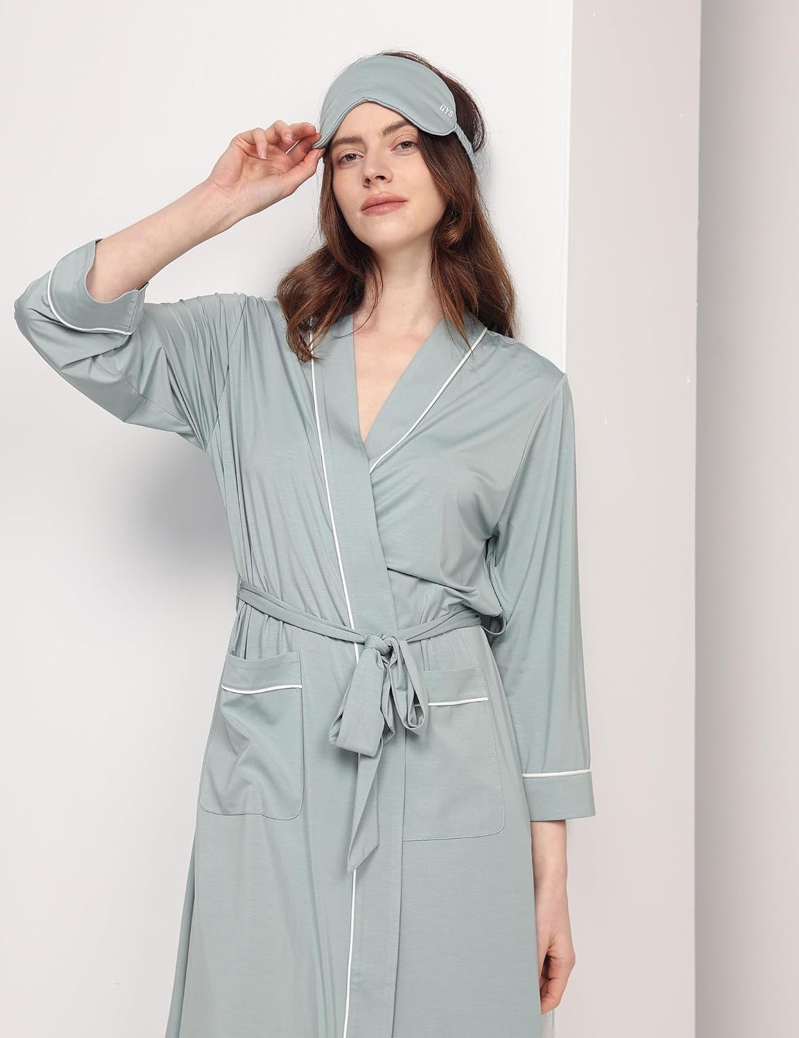 image:imageGYS Bamboo Viscose Robes for Women with Pockets Long Sleeve Knit Kimono Bathrobe ButterySoft MoistureWicking for Night Sweats Knee LengthLight Greyish Green