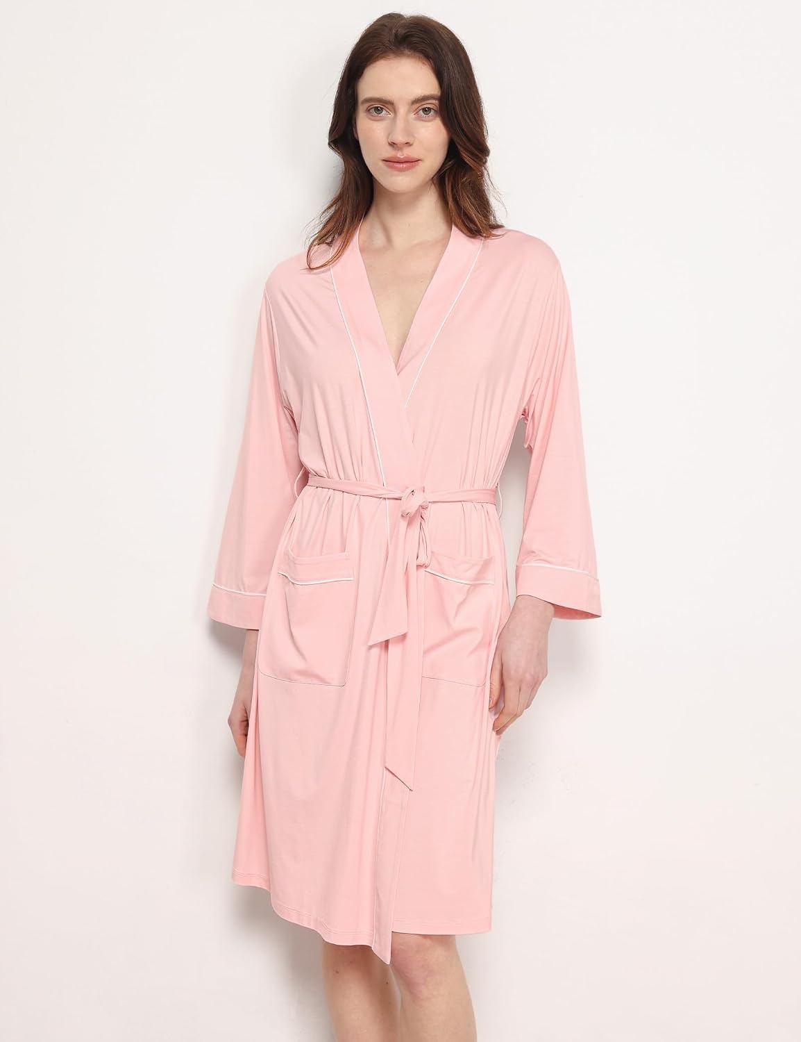 image:imageGYS Bamboo Viscose Robes for Women with Pockets Long Sleeve Knit Kimono Bathrobe ButterySoft MoistureWicking for Night Sweats Knee LengthPink
