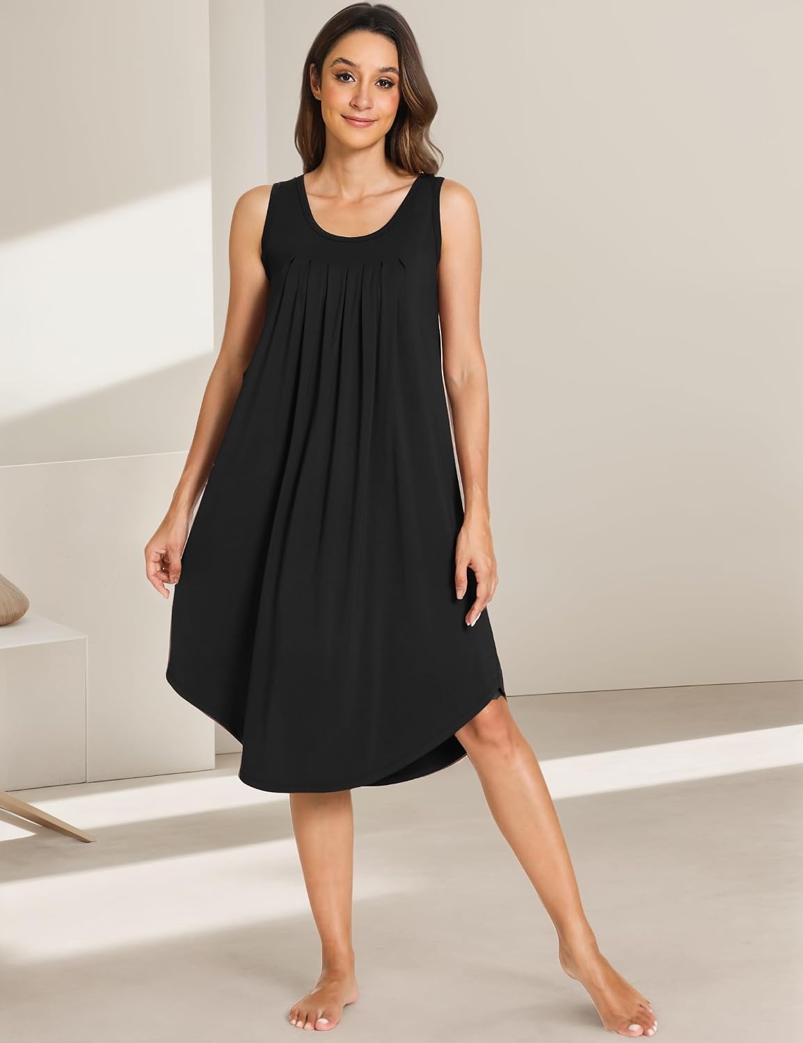 image:imageGYS Womens Bamboo Viscose Pleated Tank Nightgown Cooling amp moisture wicking Lightweight for hot sleepers Sleeveless Stretch soft Comfortable amp breathableBlack