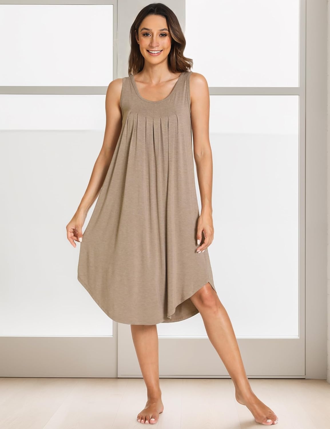 image:imageGYS Womens Bamboo Viscose Pleated Tank Nightgown Cooling amp moisture wicking Lightweight for hot sleepers Sleeveless Stretch soft Comfortable amp breathableCamel