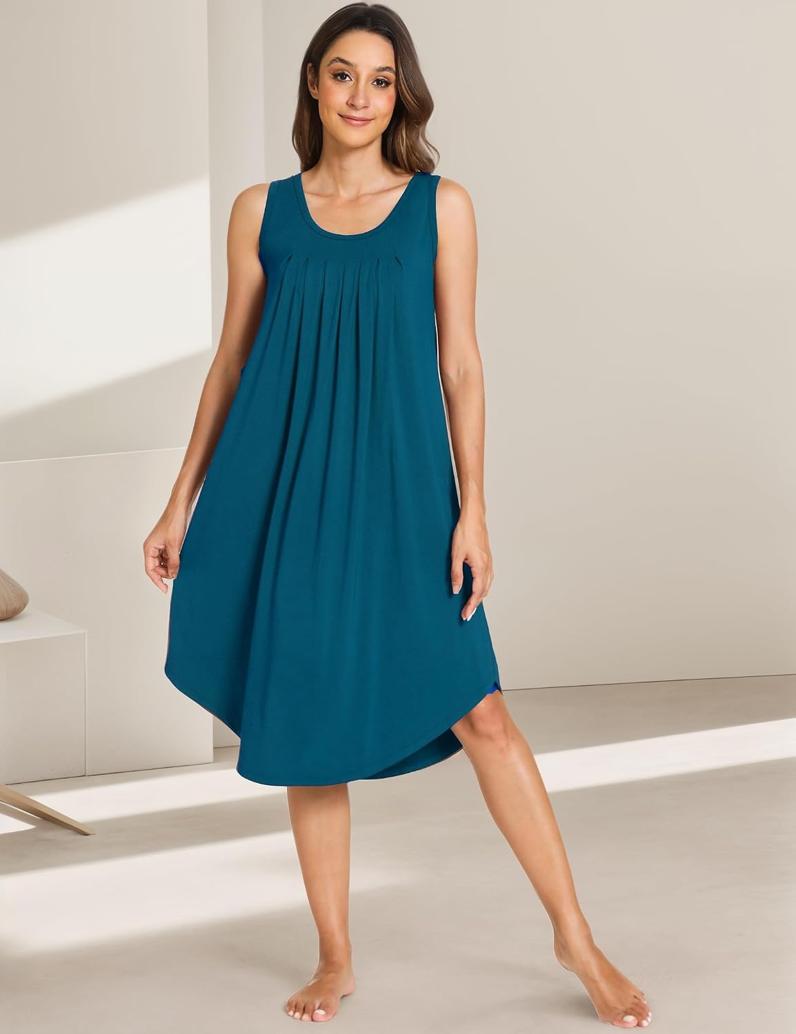 image:imageGYS Womens Bamboo Viscose Pleated Tank Nightgown Cooling amp moisture wicking Lightweight for hot sleepers Sleeveless Stretch soft Comfortable amp breathablePeacock Blue