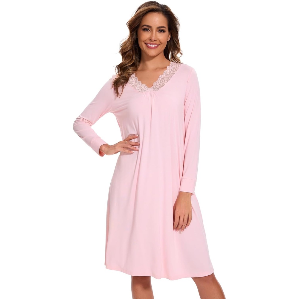 image:imageGYS Bamboo Viscose Nightgowns for Women Long Sleeve VNeck Night Shirt Long Nightshirt for Hot Sleepers KneeLength Pajama Dress UltraSoft Comfy SleepshirtPink