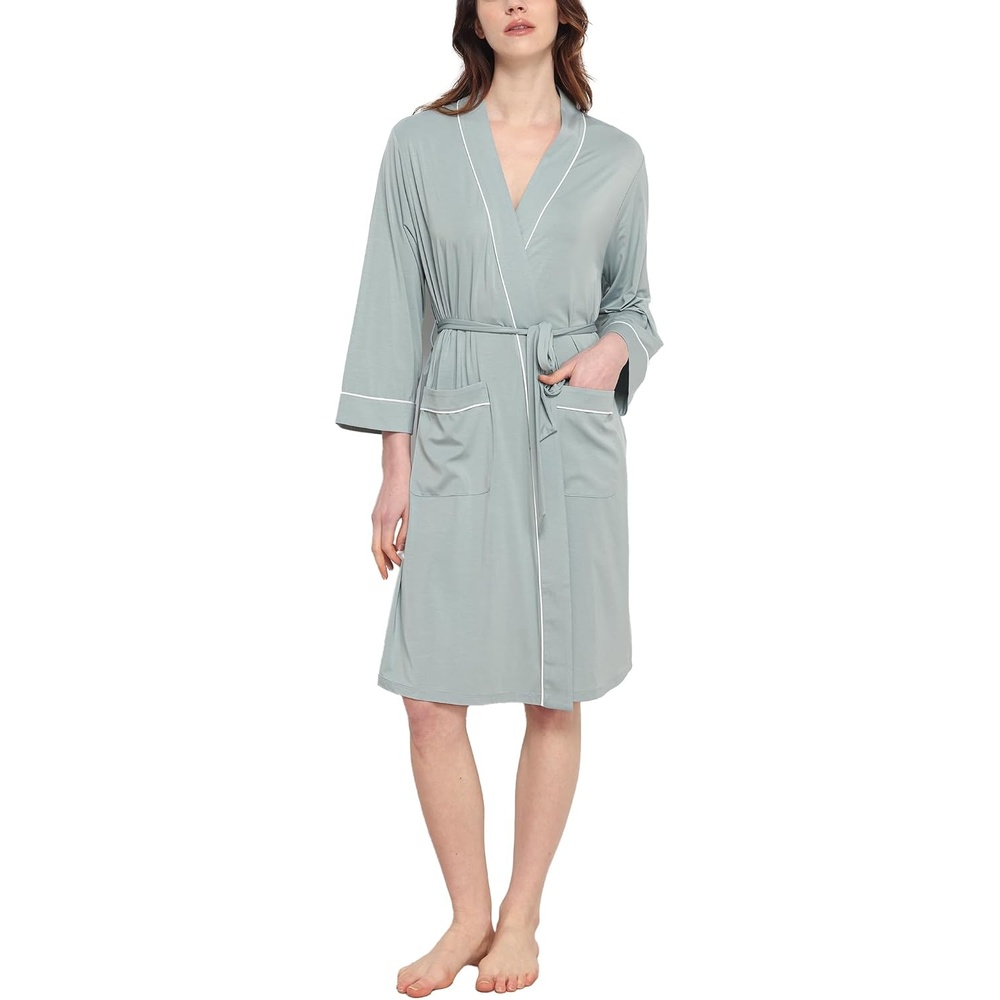 image:imageGYS Bamboo Viscose Robes for Women with Pockets Long Sleeve Knit Kimono Bathrobe ButterySoft MoistureWicking for Night Sweats Knee LengthLight Greyish Green