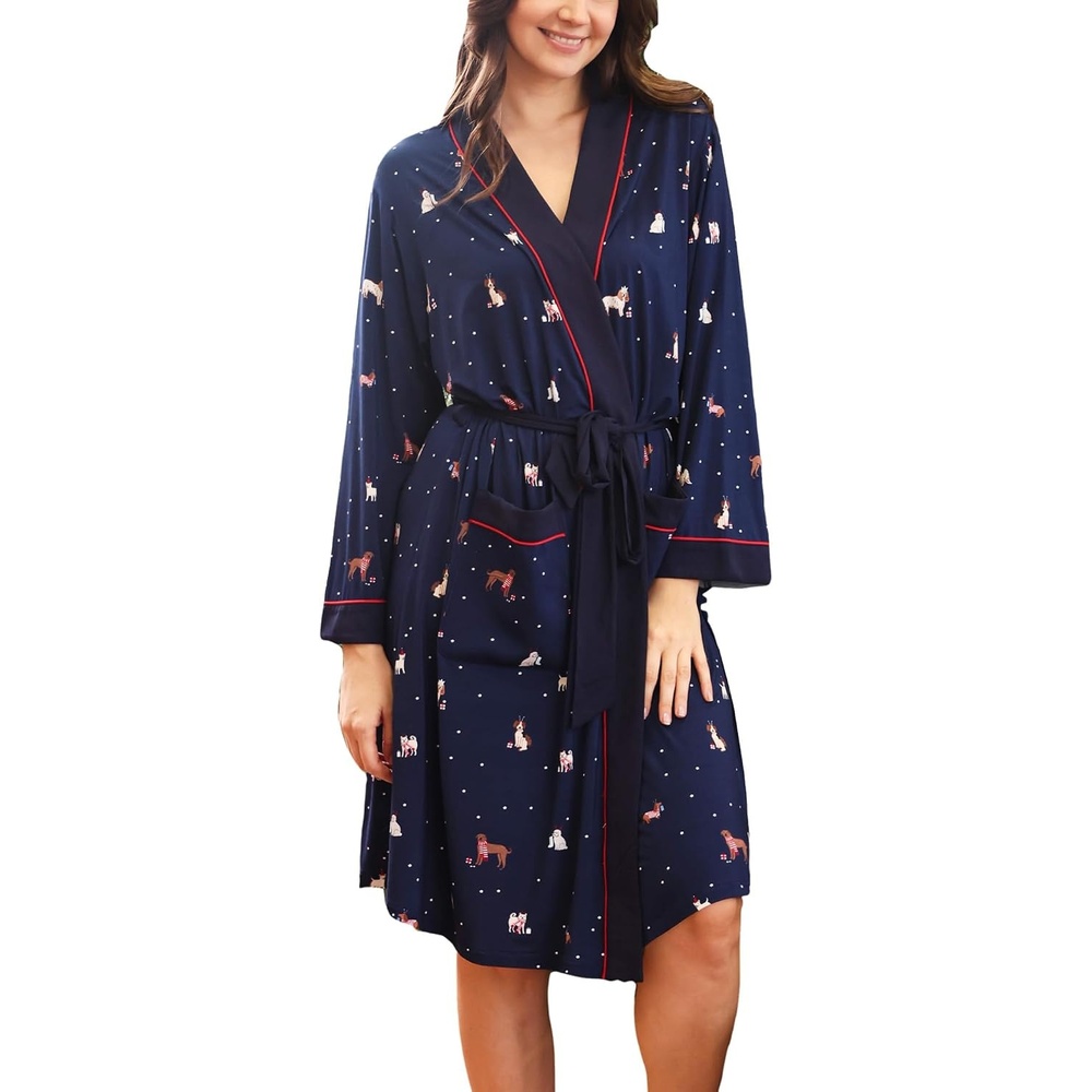 image:imageGYS Bamboo Viscose Robes for Women with Pockets Long Sleeve Knit Kimono Bathrobe ButterySoft MoistureWicking for Night Sweats Knee LengthNavy Christmas Puppy