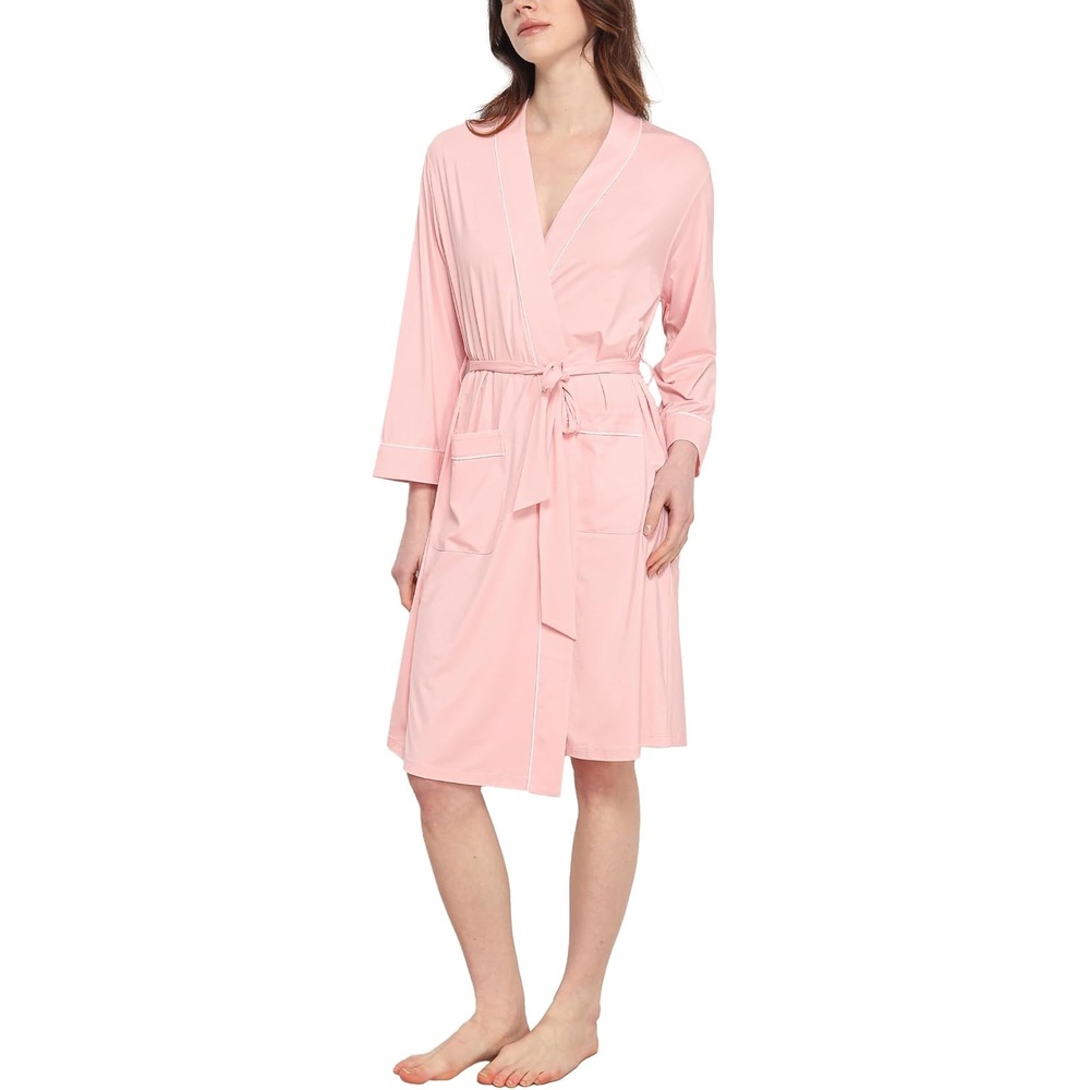 image:imageGYS Bamboo Viscose Robes for Women with Pockets Long Sleeve Knit Kimono Bathrobe ButterySoft MoistureWicking for Night Sweats Knee LengthPink