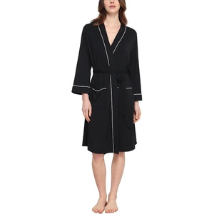 GYS Bamboo Viscose Robes for Women with Pockets | Long Sleeve Knit Kimono Bathrobe, Buttery-Soft, Moisture-Wicking for Night Sweats, Knee Length(Black)