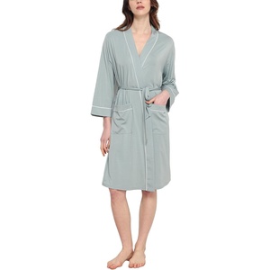GYS Bamboo Viscose Robes for Women with Pockets | Long Sleeve Knit Kimono Bathrobe, Buttery-Soft, Moisture-Wicking for Night Sweats, Knee Length(Light Greyish Green)