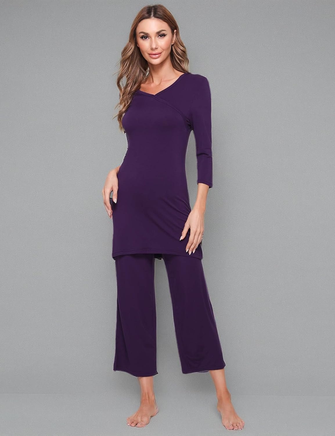 image:imageGYS Bamboo Viscose Capri Pajamas for Women Set Soft 34 Sleeve Sleepwear Long Tops and Capri Pants Set MoistureWicking PJs Set for Night Sweats Hot Sleepers Comfy Stretchy LoungewearPurple