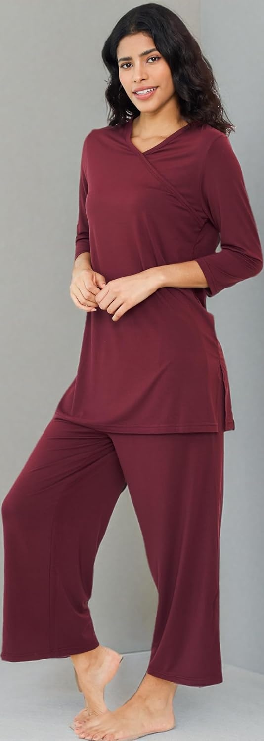 image:imageGYS Bamboo Viscose Capri Pajamas for Women Set Soft 34 Sleeve Sleepwear Long Tops and Capri Pants Set MoistureWicking PJs Set for Night Sweats Hot Sleepers Comfy Stretchy LoungewearFicus Red