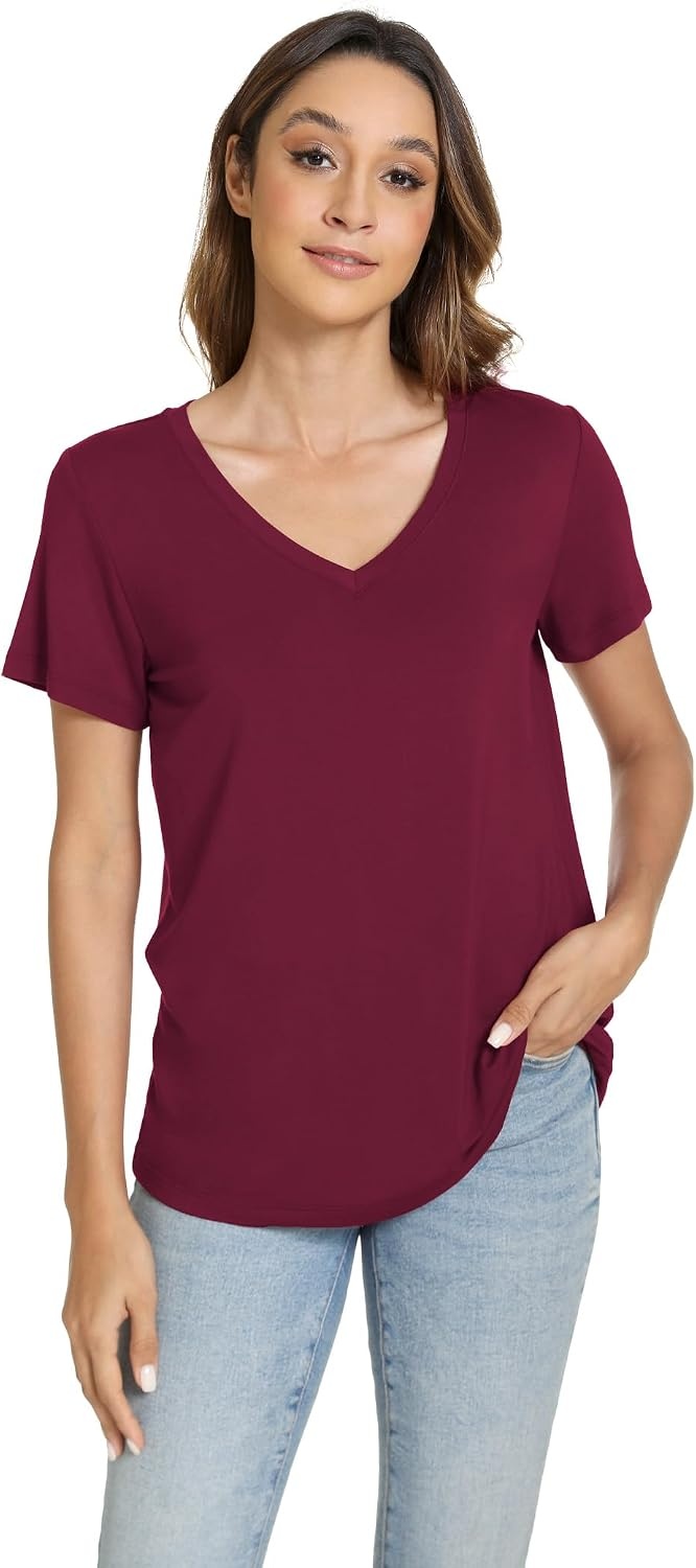 image:imageGYS Bamboo Viscose Womens Pajama Tops Lightweight Cooling Basic TShirt MoistureWicking Tees Crew Neck Lounge Top Soft Short Sleeve Sleep Shirts Comfy Stretchy PJ TopsWine
