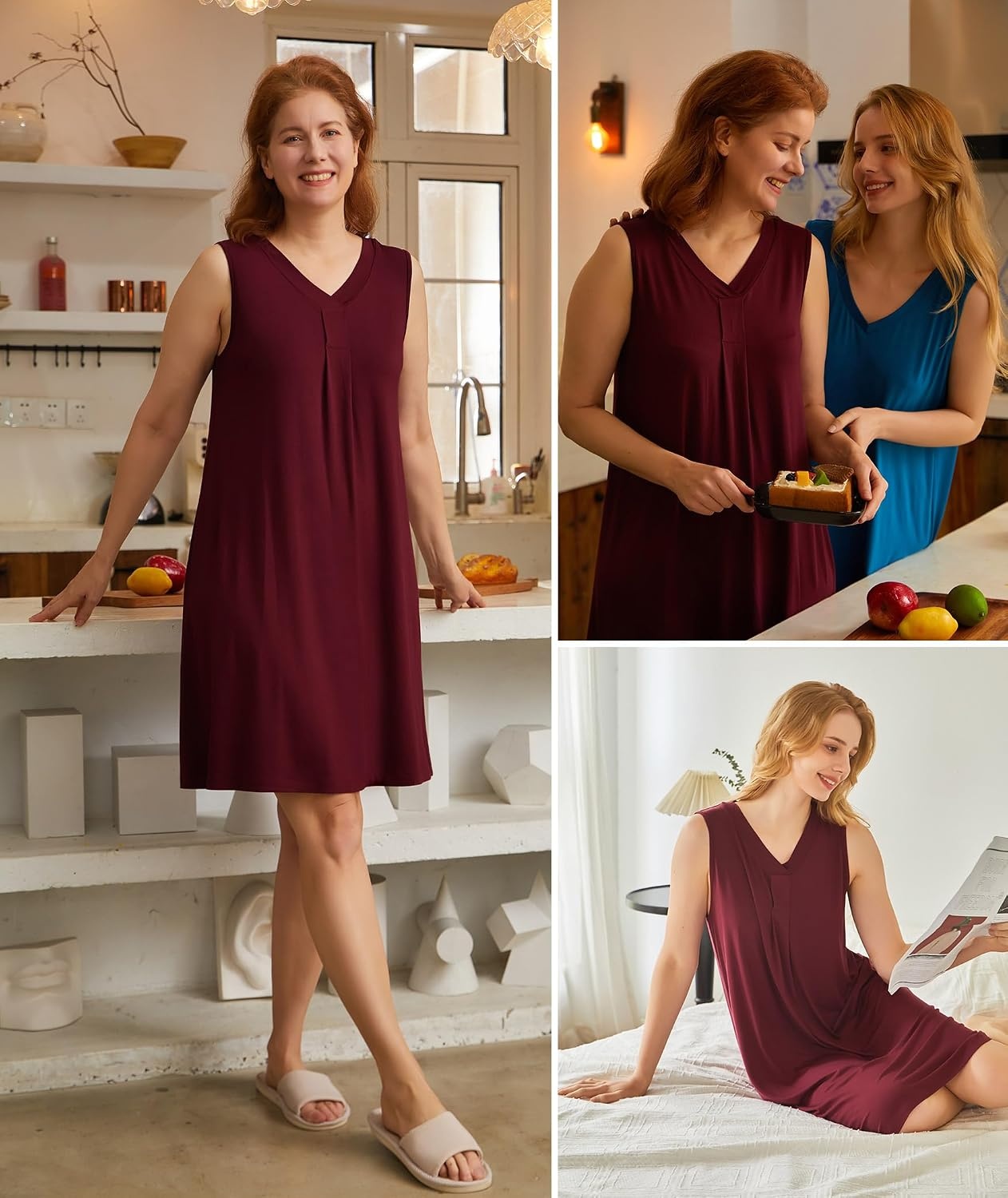 image:imageGYS Cooling Bamboo Viscose Sleeveless Nightgowns for Women V Neck Sleep Shirt MoistureWicking for Hot Sleepers amp Night Sweats Lightweight Night Shirts Buttery Soft KneeLengthC Ficus Red